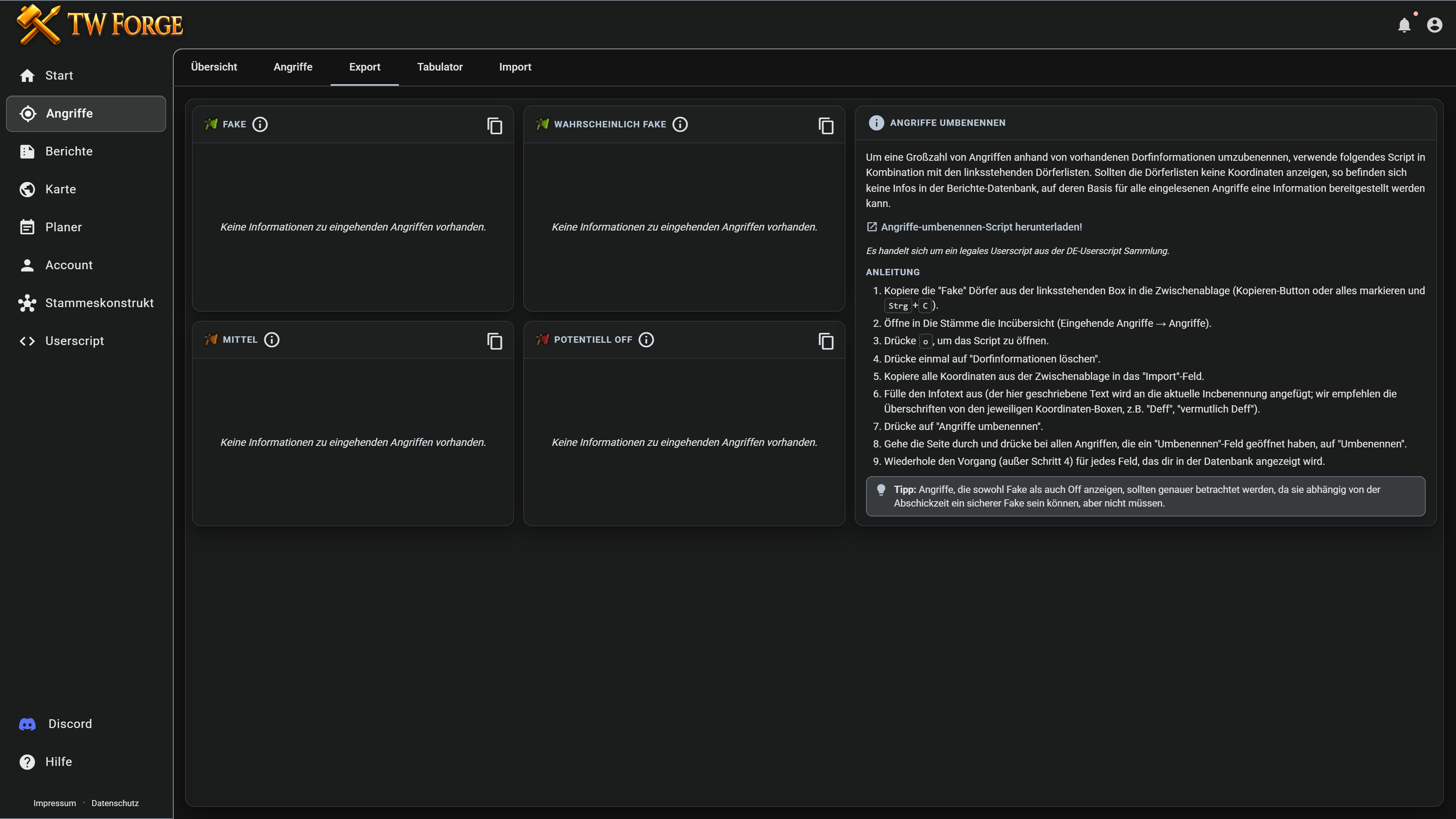 Export-Tab mit den vier Koordinatenlisten und der Anleitung zum Umbenennen