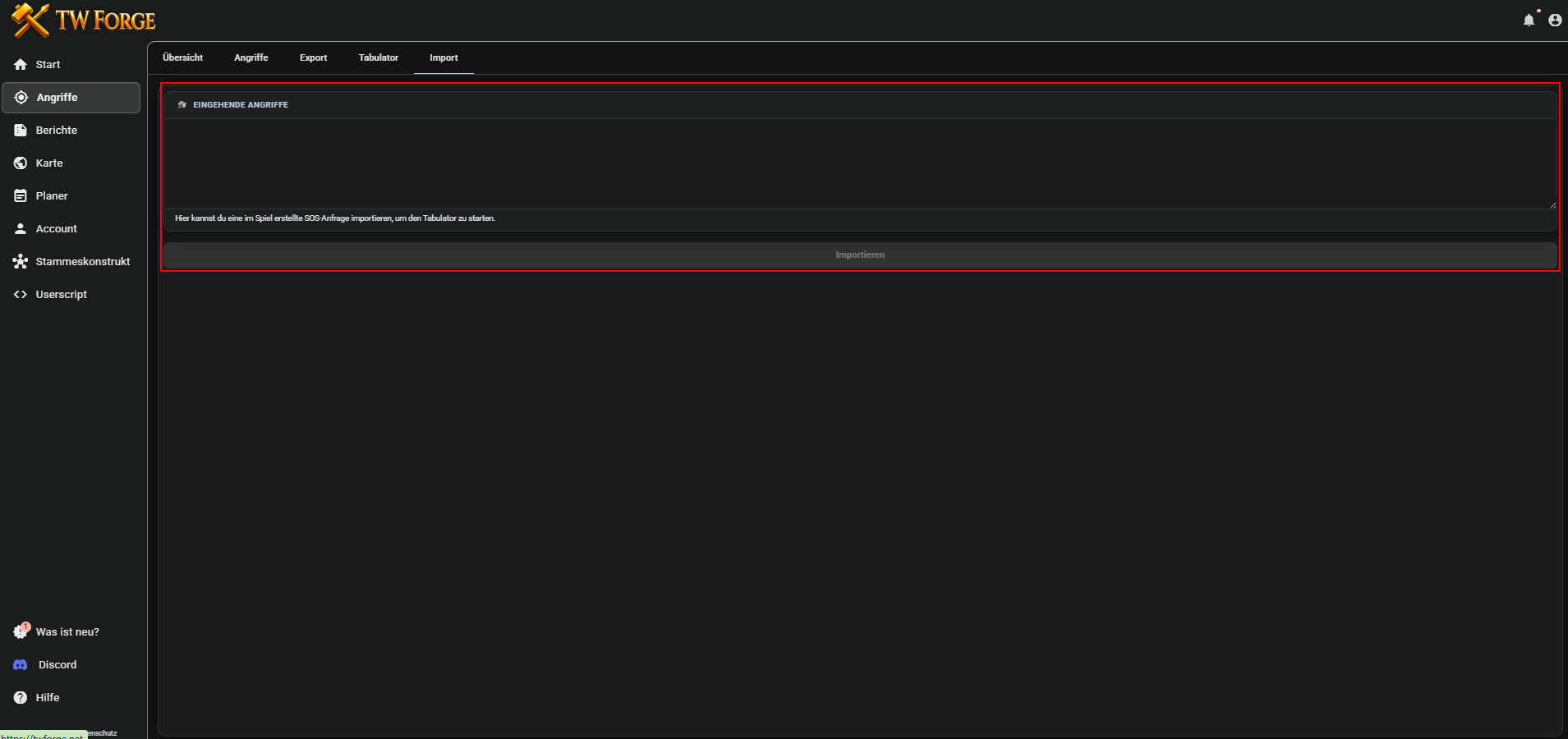 Import-Tab mit dem Eingabefeld für die SOS-Anfrage