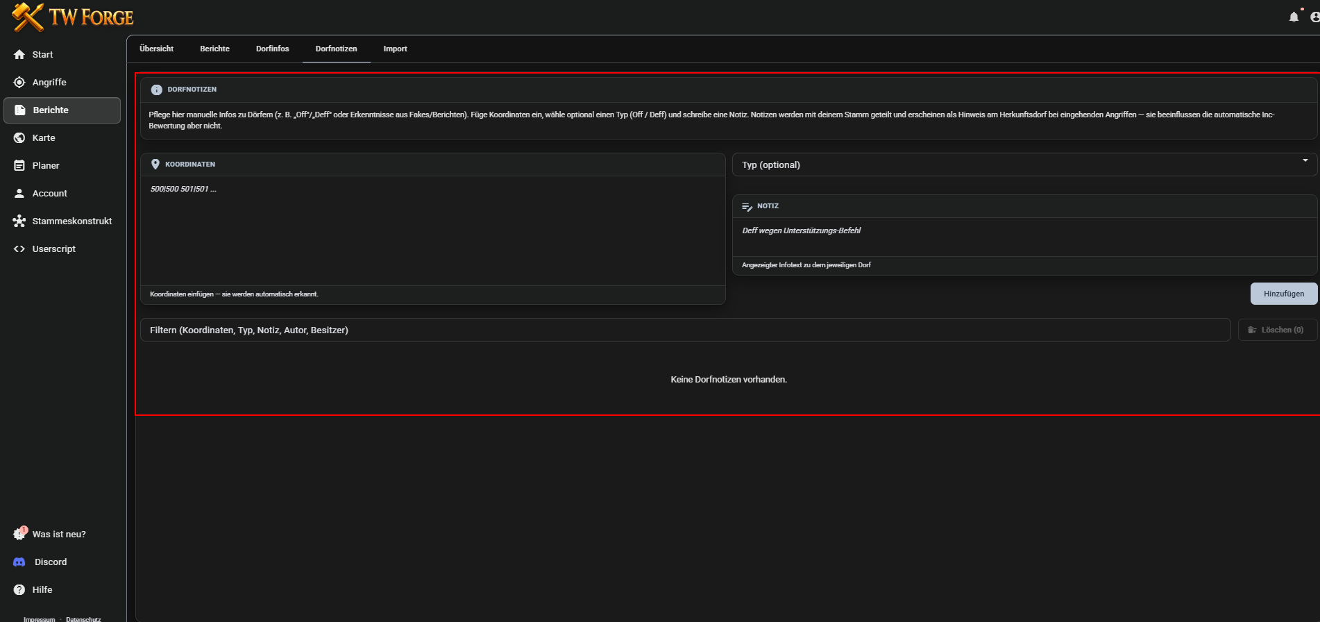 Tab Dorfnotizen mit dem Formular für Koordinaten