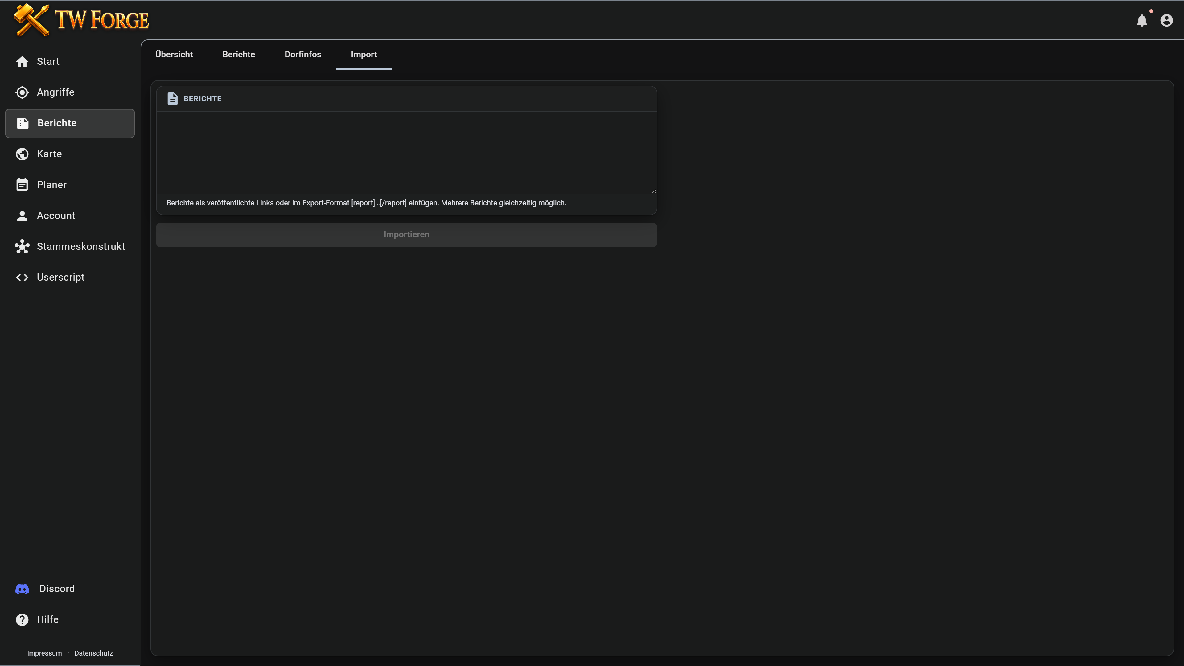 Tab Import mit dem Eingabefeld für Berichte